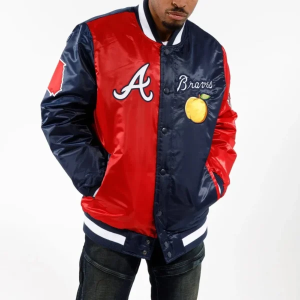 Atlanta Braves Color – Navy-Red Block Satin Varsity Jacket..