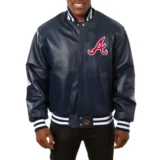 Atlanta Braves Full Real Leather Varsity Jacket Navy