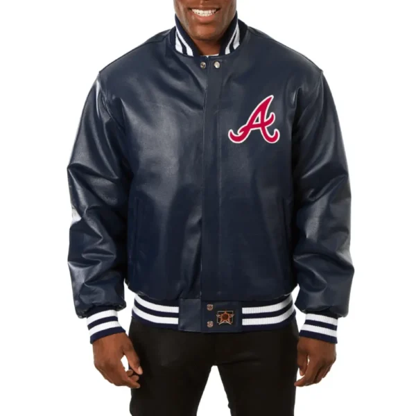 Atlanta Braves Full Real Leather Varsity Jacket Navy