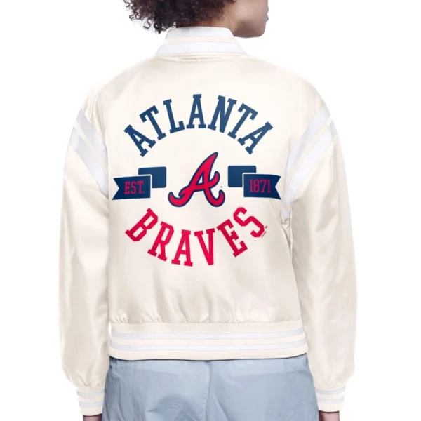 Atlanta Braves Round Printed Logo Cropped Cream Satin Varsity Jacket Women’