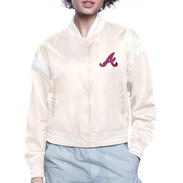 Atlanta Braves Round Printed Logo Cropped Cream Satin Varsity Jacket Women’s