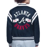 Atlanta Braves Round Printed Logo Cropped Navy Satin Varsity Jacket Women’