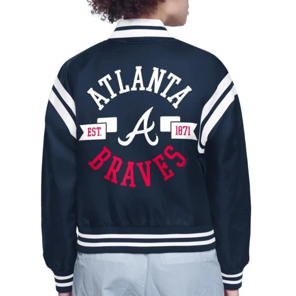 Atlanta Braves Round Printed Logo Cropped Navy Satin Varsity Jacket Women’