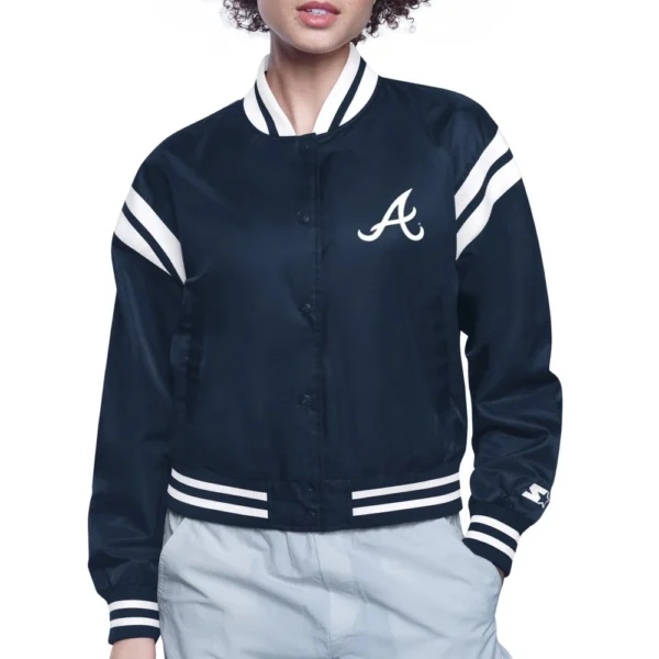 Atlanta Braves Round Printed Logo Cropped Navy Satin Varsity Jacket Women’s