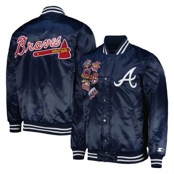 Atlanta Braves Patch Full-Snap Navy Varsity Jacket Satin