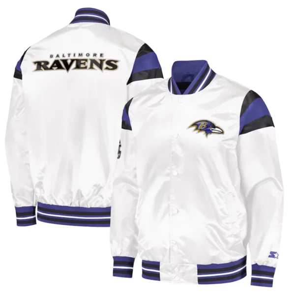 Baltimore Ravens Full-Snap White Satin Varsity Jacket