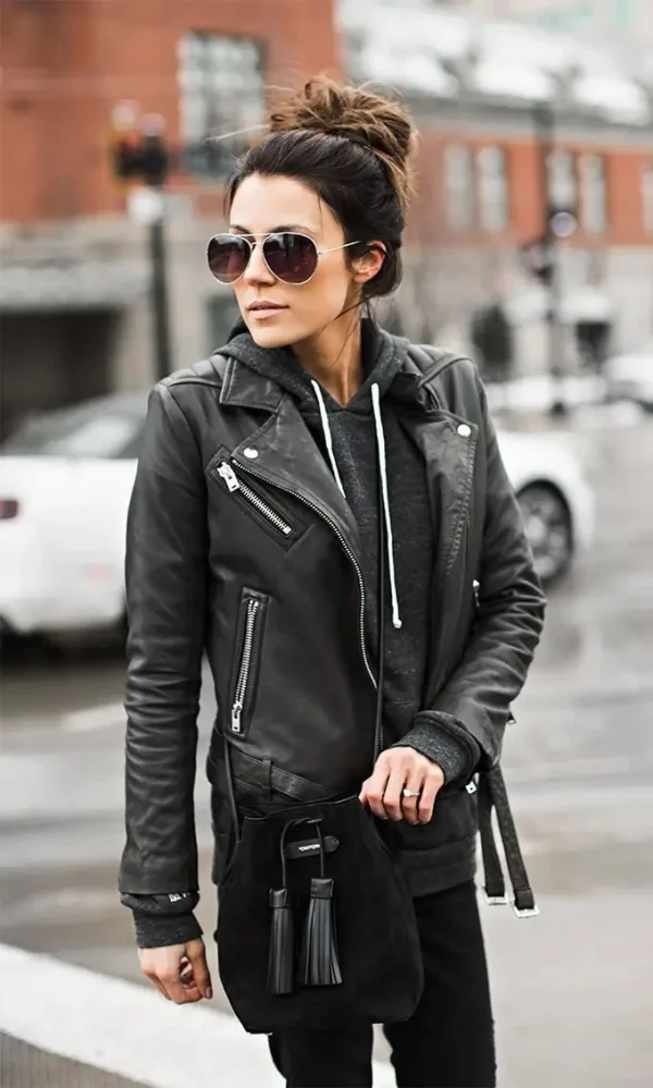 Biker Couple Black Leather Jacket Zipper Doubl