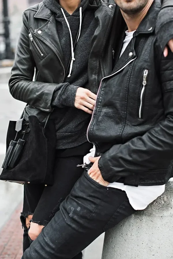 Biker Couple Black Leather Jacket Zipper Double Bl