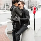 Biker Couple Black Leather Jacket Zipper Double Ble