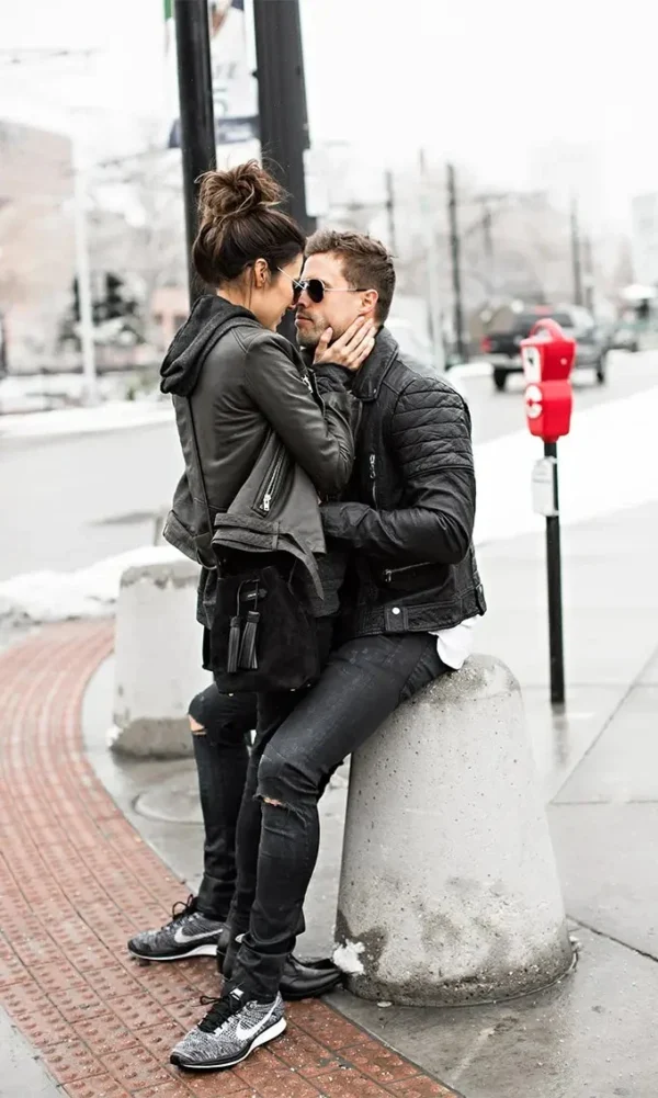 Biker Couple Black Leather Jacket Zipper Double Ble