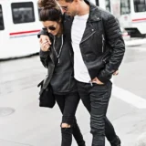 Biker Couple Black Leather Jacket Zipper Double Blet