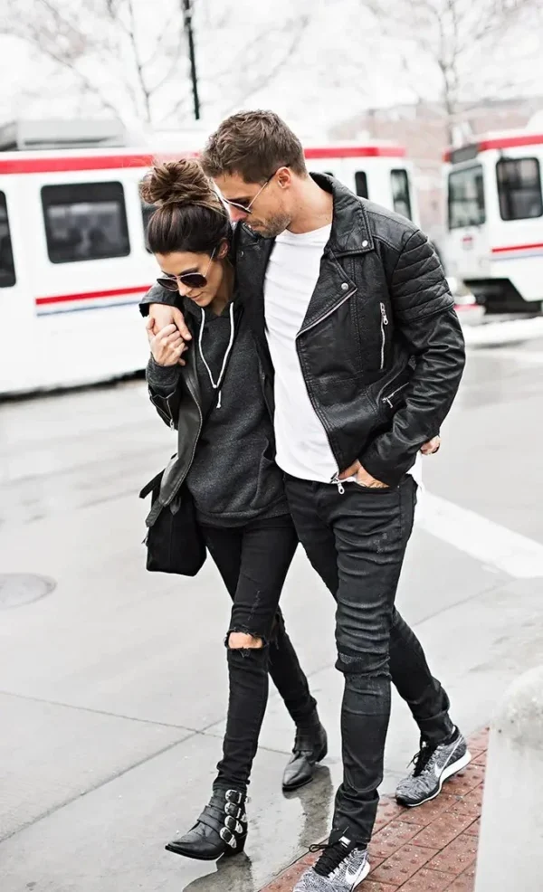 Biker Couple Black Leather Jacket Zipper Double Blet