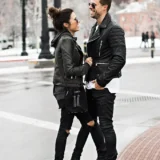 Biker Couple Black Leather Jacket Zipper Double Blete