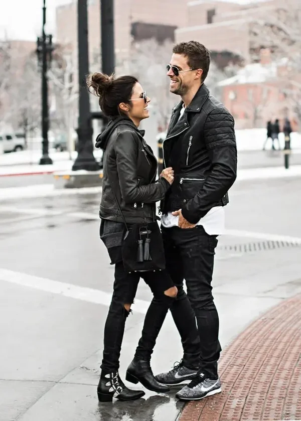 Biker Couple Black Leather Jacket Zipper Double Blete