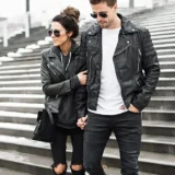 Biker Couple Black Leather Jacket Zipper Double Bleted