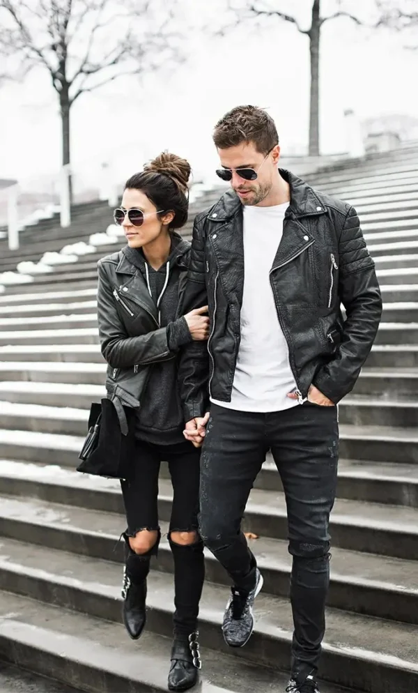 Biker Couple Black Leather Jacket Zipper Double Bleted