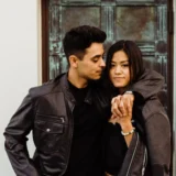 Biker Zipper & Snap and Lapel Collar Leather Jacket Black Couple