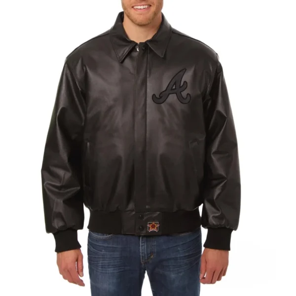 Black Atlanta Braves Full Leather Bomber Varsity Jacket