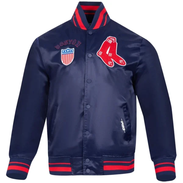 Boston Red Sox Retro Classic Rib Knitted Satin Varsity Jacket Navy