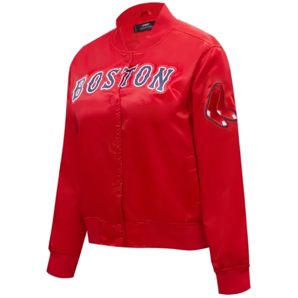 Boston Red Sox Wordmark Rib Knitted Full-Snap Satin Varsity Red Jacket Wome