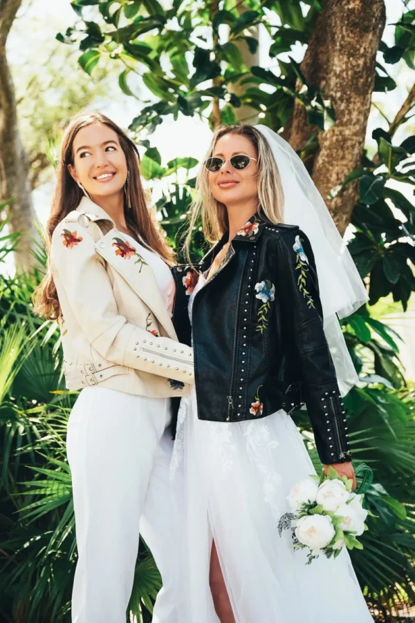 Couple Embroidered Leather Jacket Black & White