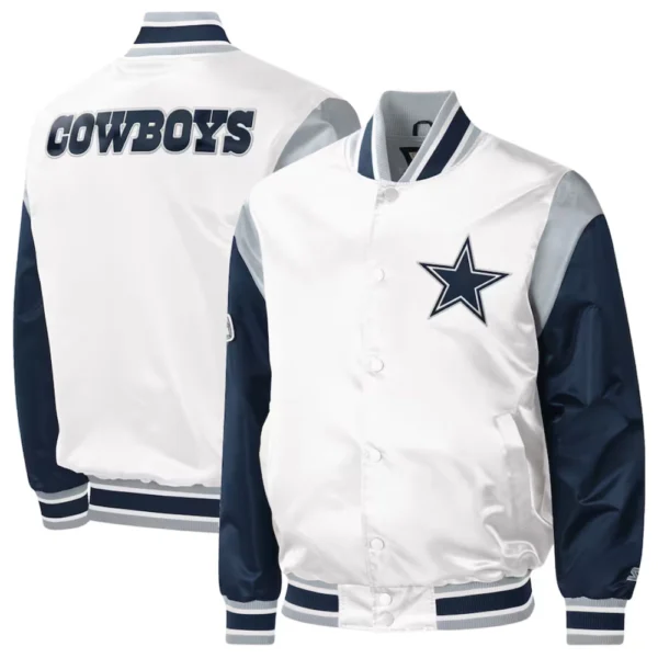 Dallas Cowboys Pitch Full-Snap Satin White/Navy Varsity Jacket