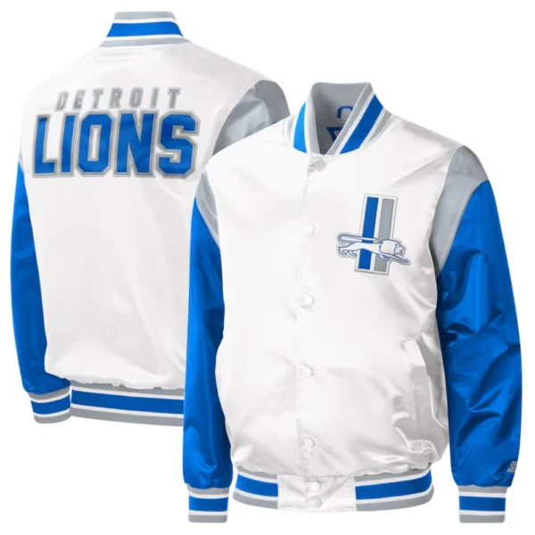 Detroit Lions Pitch Full-Snap White/Blue Satin Varsity Jacket