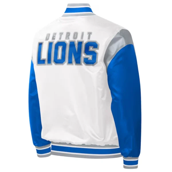 Detroit Lions Pitch Full-Snap White/Blue Satin Varsity Jacket