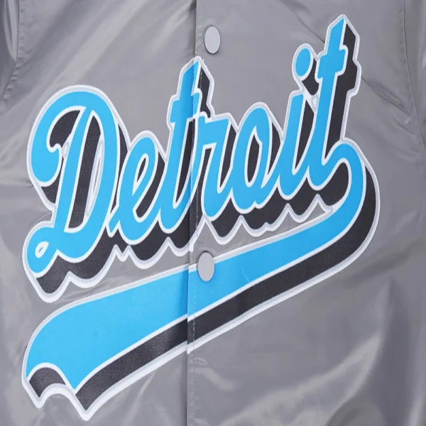 Detroit Lions Script Tail Full-Snap Gray Satin Varsity Jacket