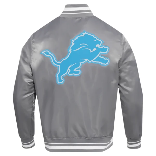 Detroit Lions Script Tail Full-Snap Gray Satin Varsity Jacket