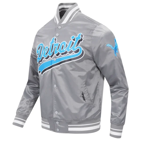 Detroit Lions Script Tail Full-Snap Gray Satin Varsity Jacket