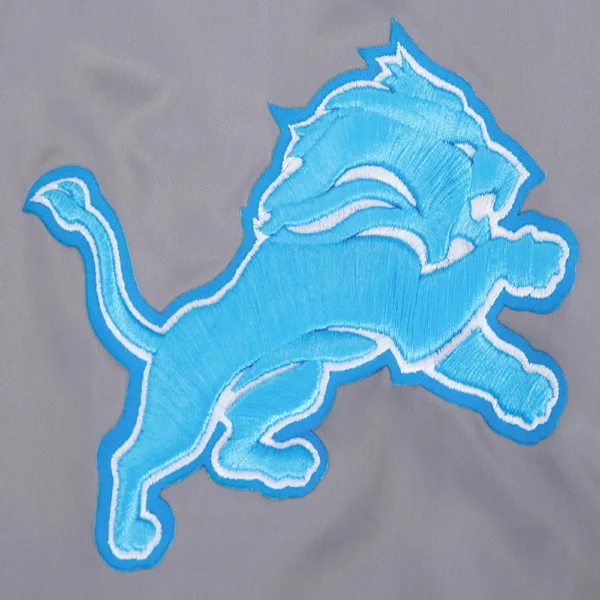 Detroit Lions Script Tail Full-Snap Gray Satin Varsity Jacket