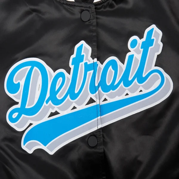 Detroit Lions Script Tail Women’s Full-Snap Black Satin Varsity Jacket