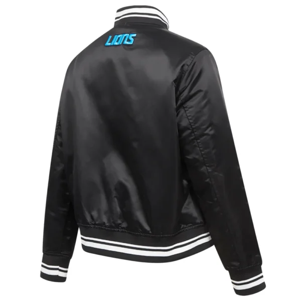 Detroit Lions Script Tail Women’s Full-Snap Black Satin Varsity Jacket