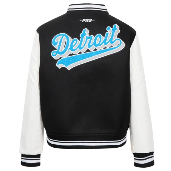 Detroit Lions Script Tail Women’s Wool & Leather Black/White Varsity Jacket