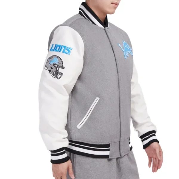 Detroit Lions Old English Rib Wool & Leather Gray/White Varsity Jacket