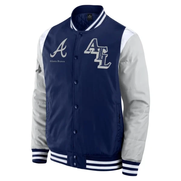 Elite Atlanta Braves Satin Navy-Grey Full-Snap Varsity Jacket