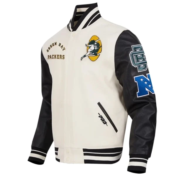 Green Bay Packers Retro Classic Wool & Leather White/Black Varsity Jacket