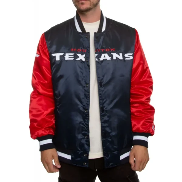 Houston Texans Football Team Players Satin Varsity Jacket Navy & Red