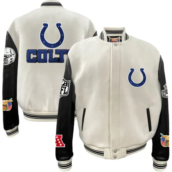 Indianapolis Colts Jeff Hamilton Wool & Leather Varsity Jacket Cream & Black