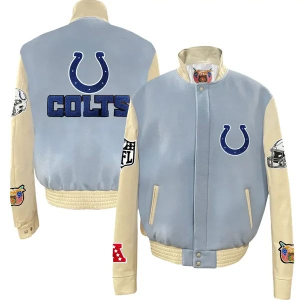 Indianapolis Colts Jeff Hamilton Wool & Leather Varsity Jacket Light Blue & Desert Sand