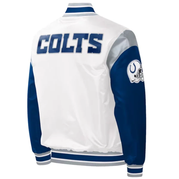 Indianapolis Colts Pitch Full-Snap White/Blue Satin Varsity Jacket