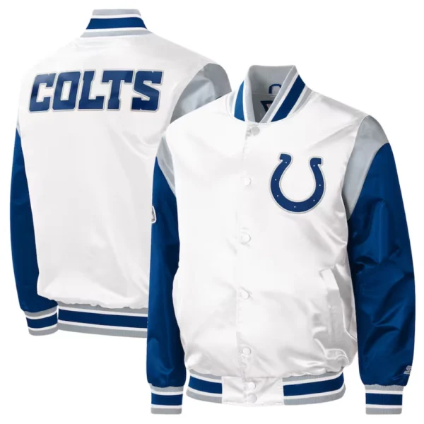 Indianapolis Colts Pitch Full-Snap White/Blue Satin Varsity Jacket