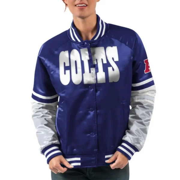 Indianapolis Colts Victory Cheer Satin Varsity Jacket