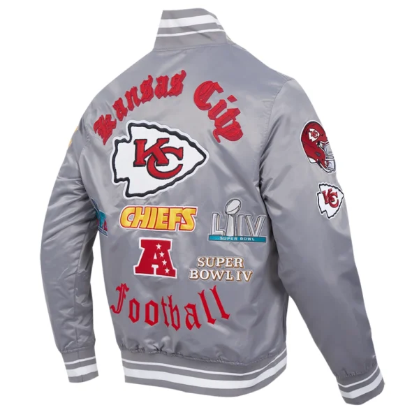 Kansas City Chiefs Old English Full-Snap Gray Satin Varsity Jacket