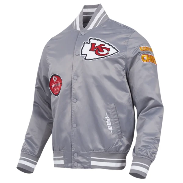 Kansas City Chiefs Old English Full-Snap Gray Satin Varsity Jacket