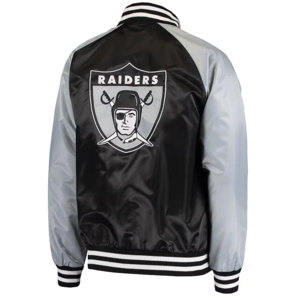 Las Vegas Raiders Lead Off Full-Snap Black/Gray Satin Varsity Jacket