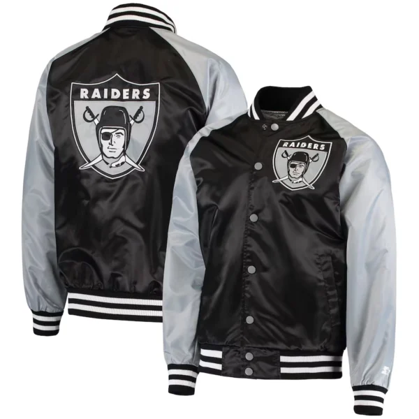 Las Vegas Raiders Lead Off Full-Snap Black/Gray Satin Varsity Jacket