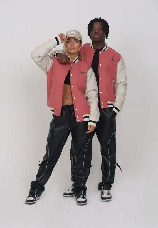 Legacy Studios Lamar Couple Wool & Leather Varsity Jacket Pink:Wh