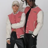 Legacy Studios Lamar Couple Wool & Leather Varsity Jacket Pink:Whi